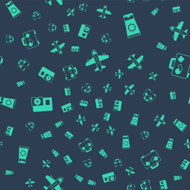 Uçak, güneş kremi tüpte, kamera ve bavul kusursuz desende. Vektör