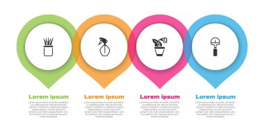 Saksıya bitki, su püskürtme şişesi, çiçek ve kürek koyun. Ticari bilgi şablonu. Vektör