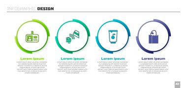 Kimlik kartı, kredi kartlı POS terminali, yoğurt kabı ve ekmek poşeti hazırla. Ticari bilgi şablonu. Vektör