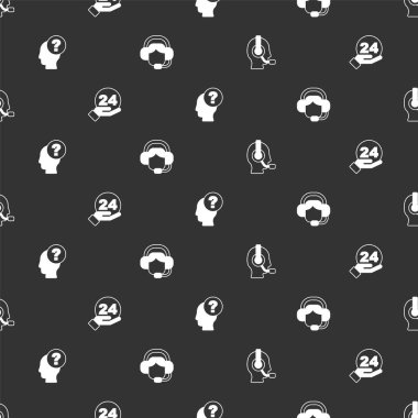 Kulaklıklı adam seti, 24 saat telefon desteği, soru işareti ve kusursuz bir kadın. Vektör