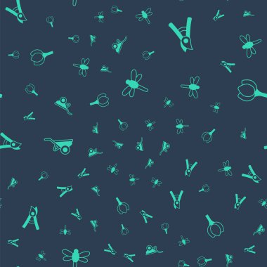 Dragonfly 'ı ayarla, el yapımı bahçe makası, çamurlu el arabası ve dikişsiz desenli çiçek lalesi. Vektör