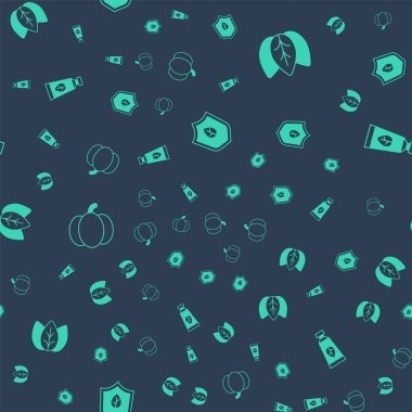 Vejetaryen besin diyeti, yaprak ya da yapraklar, balkabağı ve organik kozmetik ürünlerini pürüzsüz desenlere göre ayarla. Vektör