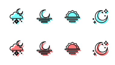 Gün Doğumu, Karlı ve Güneşli Bulut, Günbatımı ve Ay yıldızları ikonu. Vektör