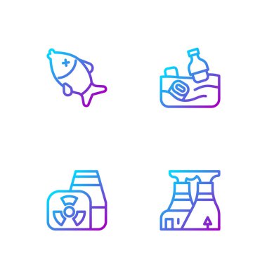 Nükleer enerji santrali, ölü balıklar ve okyanus kirliliği. Renk simgeleri. Vektör