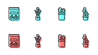 Cactus peyote in pot, pakette bitki tohumu, cam çiçek şişesi ve ikon. Vektör