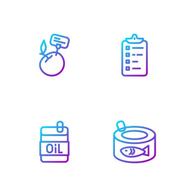 Konserve balık, bir şişe zeytinyağı, fiyat etiketli süpermarket ürünleri ve alışveriş listesi. Renk simgeleri. Vektör