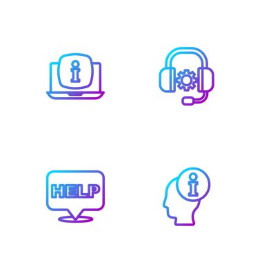 Satır Bilgilerini ayarla, metin yardımıyla konuşma balonu, dizüstü bilgisayar bilgileri ve kulaklıklar. Renk simgeleri. Vektör