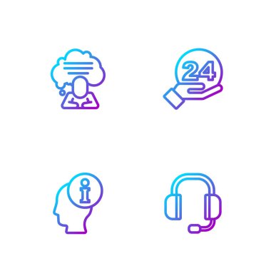 Hat kulaklıkları, bilgileri, konuşma baloncuğu sohbetini ve telefon desteğini ayarla. Renk simgeleri. Vektör