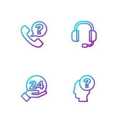 Hat başını soru işareti, telefon desteği ve kulaklıkla ayarla. Renk simgeleri. Vektör