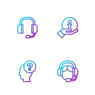 Kulaklık takan kadın, soru işareti, kulaklık ve bilgi. Renk simgeleri. Vektör