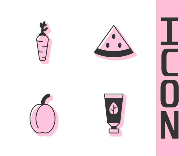 Set Bio Kosmetik Karotten Pflaumenfrüchte Und Wassermelonen Symbol Vektor — Stockvektor