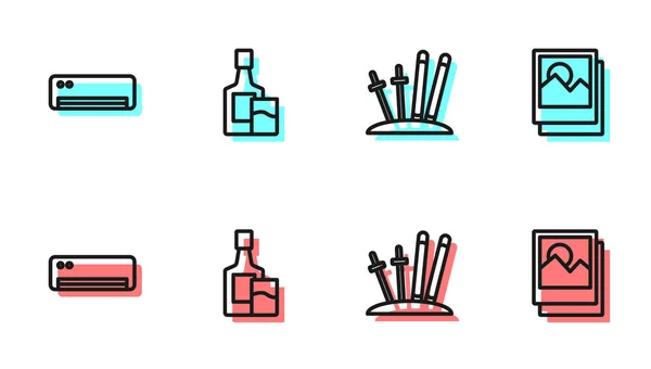 Set Line Ski Sticks Airconditioner Whiskey Flessenglas Photo Icon Vector — Stockvector