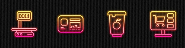 采购产品设置行酸奶容器 电子秤 识别徽章和购物车计算机 发光的霓虹灯图标 — 图库矢量图片