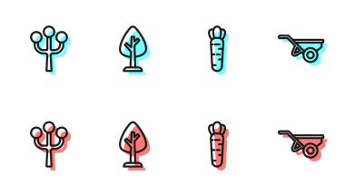 Çizgi havuç, çiçek ağacı dalı, orman ve toprak ikonlu el arabası. Vektör