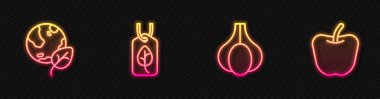 Sabit hat sarımsak, toprak küresi ve yaprak, vejetaryen gıda diyeti ve elma. Parlayan neon ikonu. Vektör