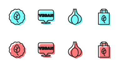 Sarımsak, yaprak ya da yaprak, vejetaryen yemek diyeti ve geri dönüşüm ikonlu alışveriş torbası. Vektör