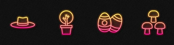 ラインを設定イースターの卵 庭師の労働者の帽子 森とキノコ ネオンのアイコンを光る ベクトル — ストックベクタ