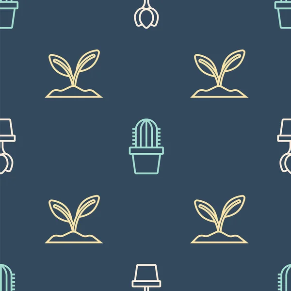 Set line Flower tulip in pot, Sprout and Cactus peyote on seamless pattern. Vector