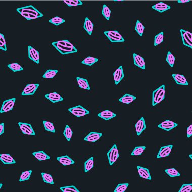 Çizgi tıp hapı ya da tablet ikonu siyah arkaplanda kusursuz desen izole etti. Kapsül hapı ve uyuşturucu işareti. Eczane tasarımı. Renkli taslak konsepti. Vektör İllüstrasyonu.