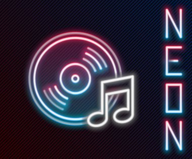 Parlayan neon çizgisi Vinil disk simgesi siyah arkaplanda izole edildi. Renkli taslak konsepti. Vektör İllüstrasyonu.
