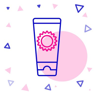 Beyaz arkaplanda izole edilmiş tüp simgesiyle çizgi güneş kremi. Cilt için güneş ultraviyole ışığından koruma. Renkli taslak konsepti. Vektör İllüstrasyonu.