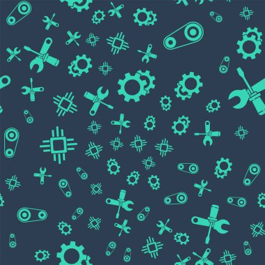 Teçhizat, zaman ayarlı kemer kiti, mikro devreli işlemci, tornavida ve anahtar anahtarını kusursuz desende ayarla. Vektör.