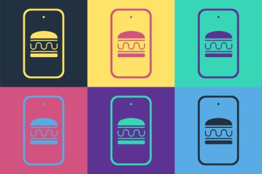Pop Art Online sipariş ve fast food dağıtım ikonu renkli arka planda izole edildi. Burger tabelası. Vektör.