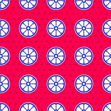 Mavi eski ahşap tekerlek ikonu kırmızı arka planda izole edilmiş pürüzsüz desen. Vektör.