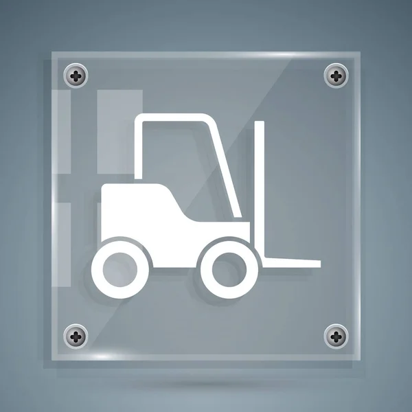 Λευκό Forklift Φορτηγό Εικονίδιο Απομονώνονται Γκρι Φόντο Φορτιστής Και Χαρτονένιο — Διανυσματικό Αρχείο