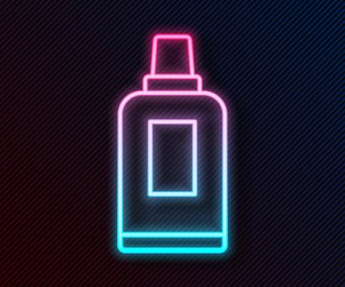 Parlak neon hattı. Çamaşır deterjanı, çamaşır suyu, bulaşık deterjanı ya da siyah arka planda izole edilmiş başka bir temizlik maddesi ikonu için plastik şişe. Vektör.