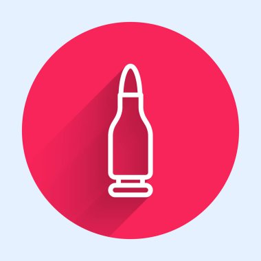 Beyaz çizgi kurşun ikonu uzun gölgeli izole edilmiş. Kırmızı daire düğmesi. Vektör.