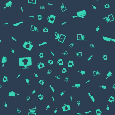 Elle kahve öğütücüsünü, kızartma tavasını, yeri olan aşçı şapkasını ve kusursuz desenli bıçağı ayarlayın. Vektör