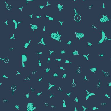 Fırın eldiveni, mutfak termometresi, et helikopteri ve sosisi çatalla kusursuz desene ayarlayın. Vektör