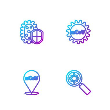 Virüs hattını büyüteç altına al, Corona virüsü 2019-nCoV konumuna, kalkan korumasını ve... Renk simgeleri. Vektör.