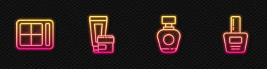 Parfüm, göz farı paleti, krem ya da losyon kozmetik tüpü ve tırnak cilası şişesi. Parlayan neon ikonu. Vektör.