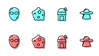 Çizgiyi Astronomik Gözlemevi, Uzaylı, Asteroid ve UFO uçan uzay gemisi ikonu olarak ayarla. Vektör.