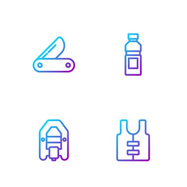 Sabit bir can yeleği, rafting botu, İsviçre çakısı ve bir şişe su. Renk simgeleri. Vektör.