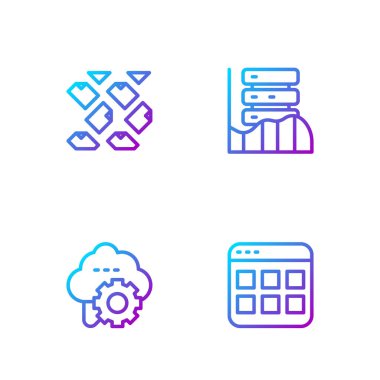 Satır Tarayıcı dosyaları, Bulut teknoloji veri transferi, Veri akışı ve Sunucu, Veri, Web Sunucusu ayarlayın. Renk simgeleri. Vektör