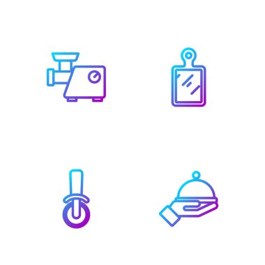 Hattı tepsi, pizza bıçağı, mutfak kıyma makinesi ve kesim tahtasıyla kaplayın. Renk simgeleri. Vektör