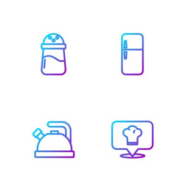 Chef 'in şapkasını konumuna göre ayarla. Kettle sapı, tuz ve buzdolabı. Renk simgeleri. Vektör