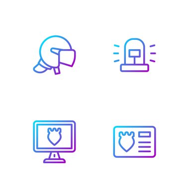 Polis rozeti, kimlik numarası, veri tabanı, miğfer ve siren ayarlayın. Renk simgeleri. Vektör