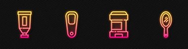 Terleme önleyici deodorant rulo, krem losyon kozmetik tüp, ayak için sünger taşı ve el aynası. Parlayan neon ikonu. Vektör