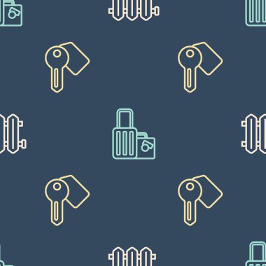 Hat ısıtma radyatörünü, otelin kapı kilidini ve valizi sorunsuz bir şablona ayarlayın. Vektör