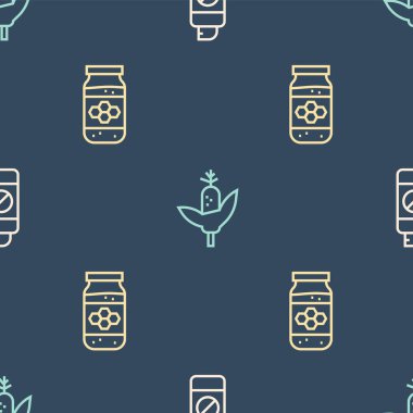 Gübre için bahçe spreyini, bal kavanozunu ve mısırı pürüzsüz desene göre ayarla. Vektör