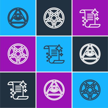 Masonlar, Eskiler 'in sihirli kitabı ve pentagram' ı daire simgesinde ayarla. Vektör