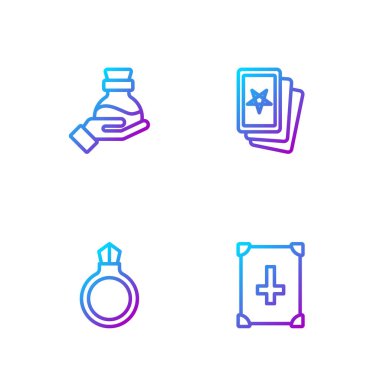 Eskiler 'in sihirli kitabı, mücevherli sihirli taş yüzük, şişe iksiri ve üç tarot kartı. Renk simgeleri. Vektör