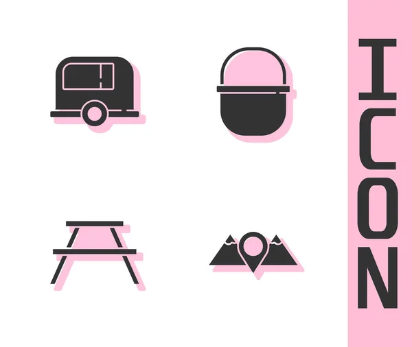 Set Umístění Hory Camping Trailer Piknikový Stůl Lavicemi Pot Icon — Stockový vektor