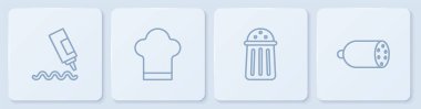 Sos şişesi, tuz, şef şapkası ve salam sosisi. Beyaz kare düğme. Vektör
