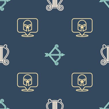 Antik Lir, Yunan miğferi ve orta çağ yayını kusursuz desenli olarak ayarla. Vektör