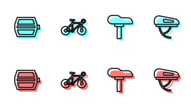Bisiklet koltuğu, pedal ve kask simgesini ayarla. Vektör